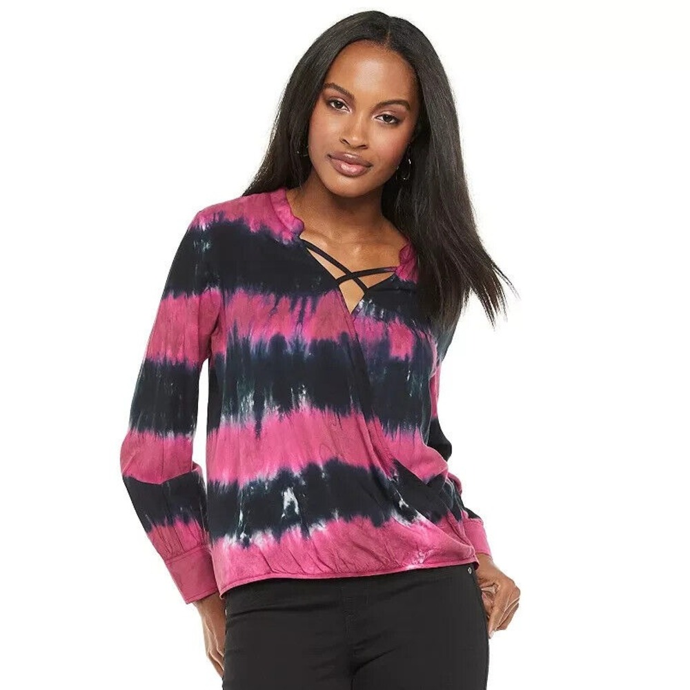 Rock & Republic Size‎ XL Tie-Dye Pink Navy Faux Wrap Criss Cross Surplice Top